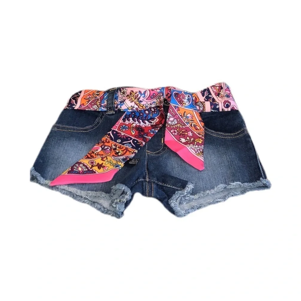 Toddler Denim Shorts W/ Paisley Print Scarf Belt